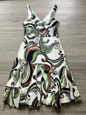White BISOU Swirl Patterned Godet Sundress with Brown & Green